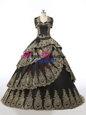 Fashionable Floor Length Lace Up Sweet 16 Dresses Black for Military Ball and Sweet 16 and Quinceanera with Embroidery