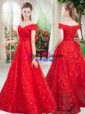 Red Sleeveless Beading Floor Length Prom Dress