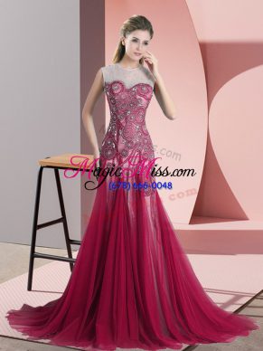 Red Prom Dresses Tulle Sweep Train Sleeveless Beading and Appliques