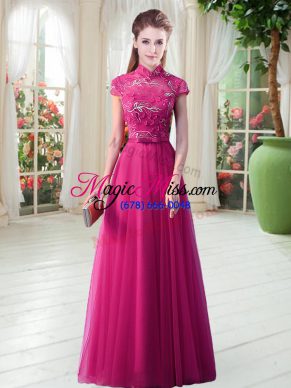 High Quality Short Sleeves Lace Up Floor Length Lace Prom Gown