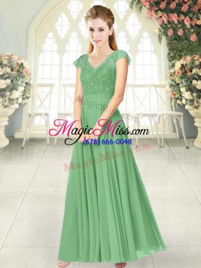 Green V-neck Neckline Lace Prom Dress Cap Sleeves Zipper