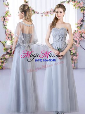 Elegant Grey Sleeveless Tulle Lace Up Bridesmaid Gown for Prom and Party and Wedding Party