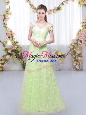 Floor Length Empire Cap Sleeves Yellow Green Quinceanera Court Dresses Lace Up