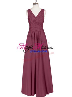 Burgundy Sleeveless Floor Length Ruching Zipper Prom Evening Gown