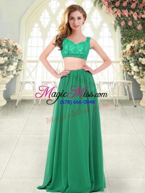 Sleeveless Chiffon Floor Length Zipper Dress for Prom in Green with Beading and Lace