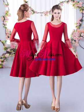 Red Satin Zipper Scoop 3 4 Length Sleeve Knee Length Dama Dress for Quinceanera Ruching