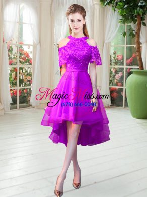 Adorable Purple Short Sleeves High Low Lace Zipper Prom Dresses