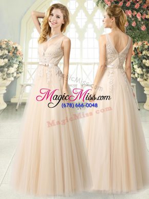 Attractive Champagne A-line Appliques Prom Party Dress Zipper Tulle Sleeveless Floor Length