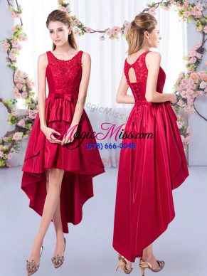 Scoop Sleeveless Lace Up Wedding Party Dress Red Satin