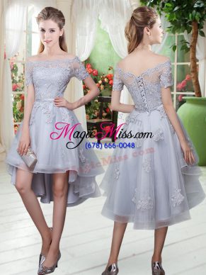 Appliques Prom Dress Grey Lace Up Short Sleeves High Low