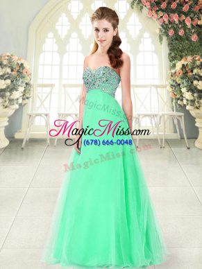 Eye-catching Sleeveless Tulle Floor Length Lace Up Homecoming Dress in Apple Green with Beading