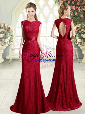 Most Popular Sleeveless Lace Backless Evening Party Dresses with Red Sweep Train