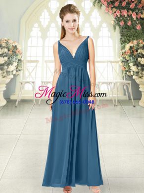 Blue Chiffon Backless Prom Dress Sleeveless Ankle Length Ruching