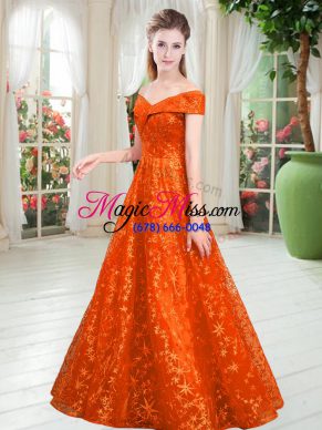 Hot Sale Orange Prom Gown Prom and Party with Beading Off The Shoulder Sleeveless Lace Up