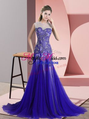 Most Popular Scoop Sleeveless Tulle Prom Dress Beading and Appliques Sweep Train Backless