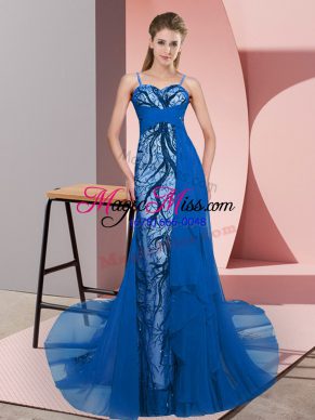 Luxurious Tulle Sleeveless Prom Evening Gown Sweep Train and Beading and Lace