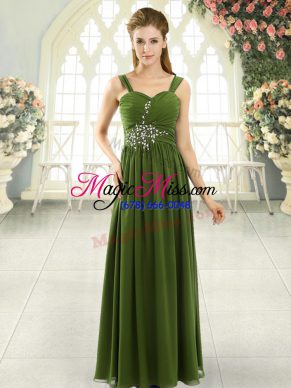 Dramatic Beading and Ruching Homecoming Dress Olive Green Lace Up Sleeveless Floor Length