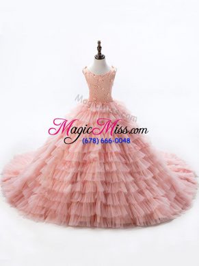 Beautiful Pink Sleeveless Beading and Ruffled Layers Lace Up Kids Pageant Dress