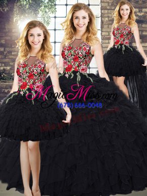 Trendy Black Zipper 15 Quinceanera Dress Embroidery and Ruffles Sleeveless