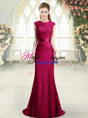 Beading and Lace Prom Gown Red Backless Cap Sleeves Sweep Train