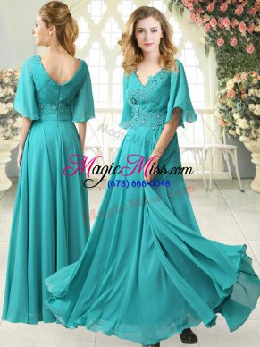 Half Sleeves Sweep Train Zipper Floor Length Beading and Lace Prom Evening Gown