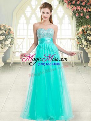 Lovely Floor Length Aqua Blue Prom Gown Tulle Sleeveless Beading
