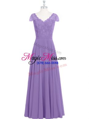 Nice Lavender Zipper Homecoming Dress Lace Cap Sleeves Floor Length
