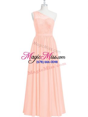 Chiffon One Shoulder Sleeveless Lace Evening Dress in Pink