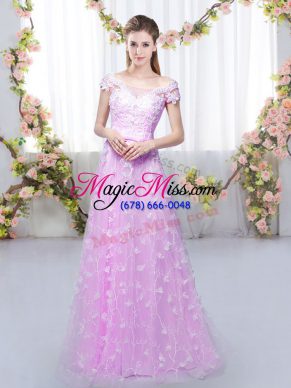 Superior Lilac Empire Tulle Off The Shoulder Cap Sleeves Appliques Floor Length Lace Up Bridesmaid Dress