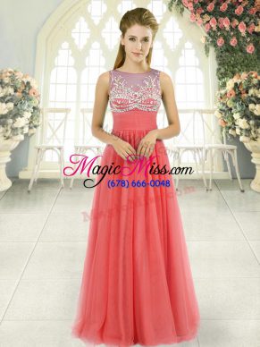 Watermelon Red Prom Evening Gown Prom and Party and Military Ball with Beading Scoop Sleeveless Side Zipper
