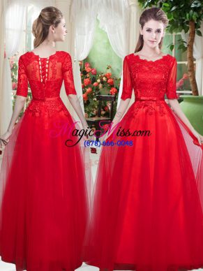 Half Sleeves Lace Up Floor Length Lace Evening Gowns