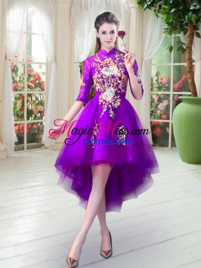High-neck Half Sleeves Tulle Prom Evening Gown Appliques Zipper