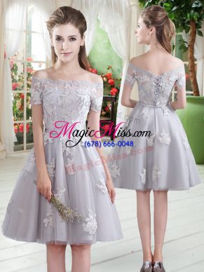 Knee Length A-line Short Sleeves Grey Evening Dress Lace Up