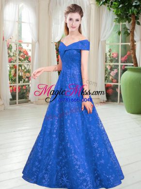 Floor Length Blue Prom Party Dress Lace Sleeveless Beading