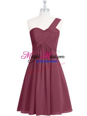 Perfect One Shoulder Sleeveless Prom Dress Knee Length Ruching Burgundy Chiffon