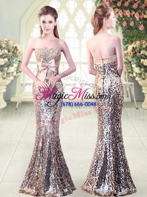 Sequined Strapless Sleeveless Zipper Beading and Sequins and Bowknot Prom Evening Gown in Silver