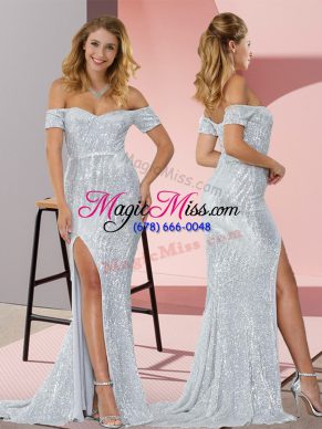 Stunning Silver Dress for Prom Ruching Short Sleeves Sweep Train