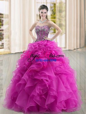 Shining Sleeveless Organza Floor Length Lace Up Quinceanera Dress in Fuchsia with Beading and Ruffles