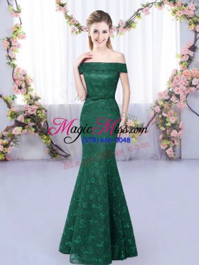 Dark Green Off The Shoulder Lace Up Lace Dama Dress Sleeveless