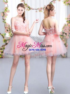 Super Pink Lace Up Vestidos de Damas Appliques Half Sleeves Mini Length