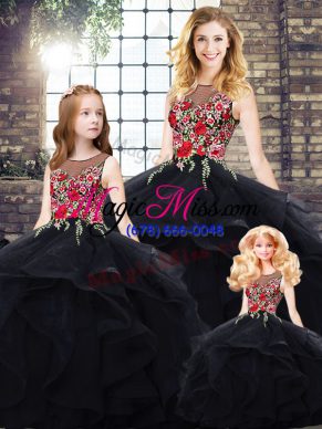 Bateau Sleeveless Quinceanera Gown Floor Length Beading and Embroidery Black Tulle