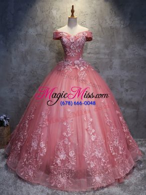 Watermelon Red Ball Gowns Appliques Quinceanera Gown Lace Up Tulle Sleeveless Floor Length