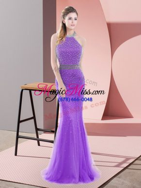 Exquisite Purple Tulle Backless Evening Dress Sleeveless Sweep Train Beading