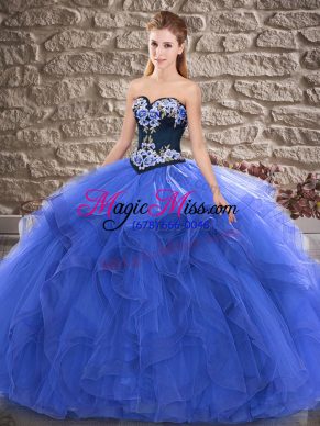Fashion Floor Length Blue Quinceanera Dress Tulle Sleeveless Beading and Embroidery