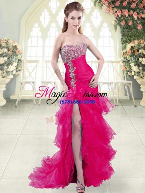 Sleeveless Beading and Ruffled Layers Lace Up Prom Evening Gown with Fuchsia Brush Train