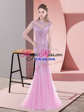 Custom Fit Cap Sleeves Tulle Sweep Train Lace Up in Pink with Beading