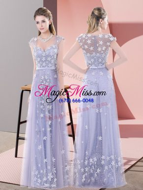 Lavender Sweetheart Zipper Beading and Appliques Prom Party Dress Cap Sleeves