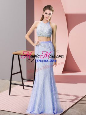 Latest Halter Top Sleeveless Prom Gown Floor Length Beading and Lace Baby Blue