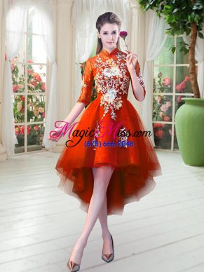 Orange Red A-line Appliques Prom Dress Zipper Tulle Half Sleeves High Low