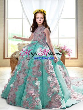 Luxurious Turquoise Sleeveless Court Train Appliques Pageant Dress for Girls